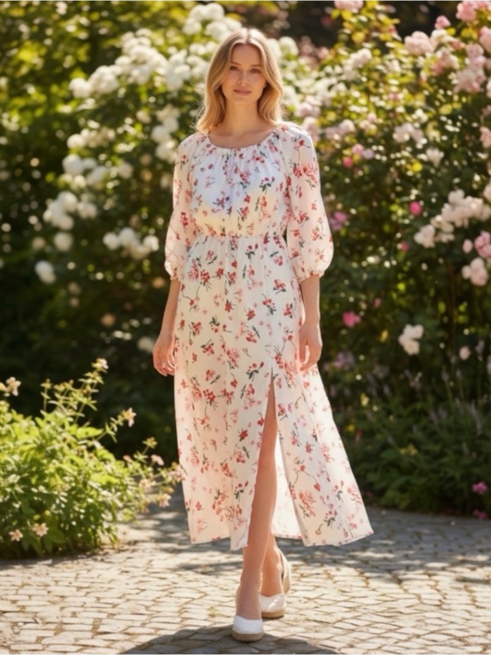 Floral Midi Dress with Puff Sleeves and Side Slit - Picture 3 of 3